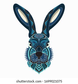 Stylized rabbit in ethnic vector blue