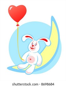 The stylized rabbit with a red balloon sits on the moon.  Valentines illustration.