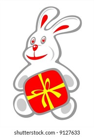 Stylized rabbit with red gift box on a white background. Valentines illustration.