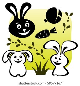 Stylized rabbits set with meal on a green background.