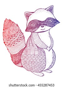 Stylized raccoon. Forest inhabitant. Ornamental. Black and white drawing by hand. Line art. Tattoo. Doodle. Zentangle.