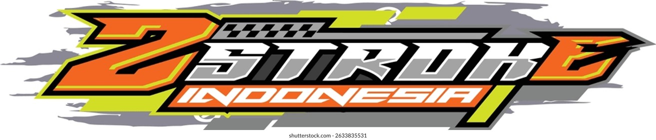 Stylized racing text logo “2 Stroke Indonesia” with modern bold font and vibrant colors. Ideal for motorcycle clubs or graphic design use.