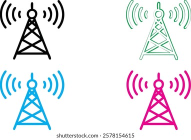 Stylized radio tower icons, minimalist design, vibrant colors, black green blue pink, wireless transmission symbols, communication technology, simple geometric shapes, 2D illustration, vector graphics