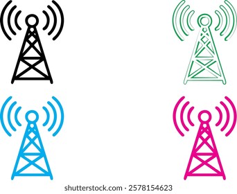 Stylized radio tower icons, minimalist design, vibrant colors, black green blue pink, wireless transmission symbols, communication technology, simple geometric shapes, 2D illustration, vector graphics