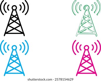 Stylized radio tower icons, minimalist design, vibrant colors, black green blue pink, wireless transmission symbols, communication technology, simple geometric shapes, 2D illustration, vector graphics