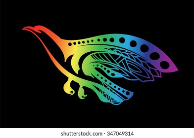 Stylized rainbow bird of prey flies on a black background