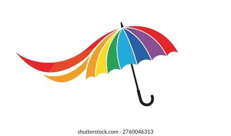 Stylized rainbow colored umbrella with long flowing colorful ribbons trailing behind it against a plain white background.