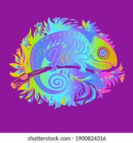 Stylized Rainbow Colors Doodle Chameleon Isolated on violet background. Hand Drawn Reptile Vector Illustration in Cartoon Style. Sketch for baby print, accessories. Tropical Animal Collection. 