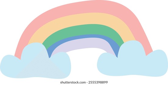 Stylized rainbow with five colored arcs (pink, yellow, green, blue, and purple) emerging from two blue clouds, creating a whimsical and cheerful appearance.