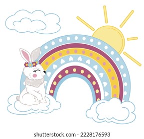 stylized rainbow with a hare on the clouds against the backdrop of the sun. baby vector illustration