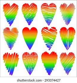 Stylized rainbow hearts set isolated on a white background.