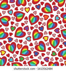 Stylized rainbow hearts. Texture. Valentine's Day. Hearts with a red contour and a central part with rainbow colors. Design element. Vector illustration.