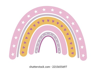 Stylized rainbow with stars and hearts in pink gold gray colors. Kids fashion vector illustration, t-shirt print. Pink yellow rainbow, childish star and heart pattern on stripes. Doodle naive style.