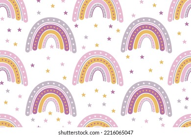 Stylized rainbow with stars and hearts in pink gold gray colors. Kids fashion vector illustration, t-shirt print. Pink yellow rainbow, childish star and heart seamless pattern. Doodle naive style.