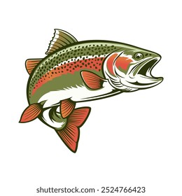 A stylized rainbow trout illustration leaps out of the water with its mouth open wide, showcasing its vibrant green body, red fins, and distinctive rainbow-colored spots against a white background