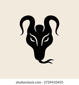 Cabeza de carnero estilizada con cuernos curvos en Ilustración vectorial mínima oscura.