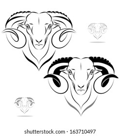 stylized ram head - front view. Black outlines - vector illustration