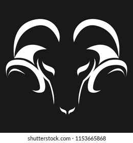 Stylized ram silhouette. Silhouette of white color of a muzzle of a ram. Sheep with horns, pet. Modern vector flat design image isolated on black background
