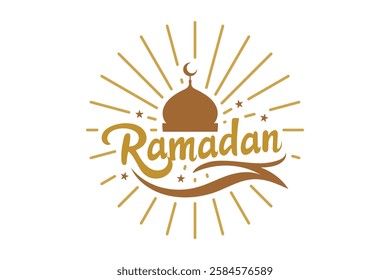 A stylized Ramadan greeting featuring a mosque dome, stars, and a sunburst design within a golden calligraphic wordmark.