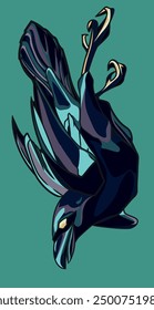 a stylized raven depicted in free fall in cool colors