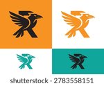 Stylized raven logo integrated with letter R. Modern abstract symbol, flying bird graphic. Bold black silhouette on vibrant orange backdrop. Clean vector art for branding.