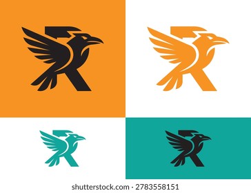Stylized raven logo integrated with letter R. Modern abstract symbol, flying bird graphic. Bold black silhouette on vibrant orange backdrop. Clean vector art for branding.