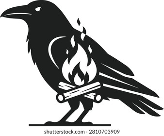 Stylized raven silhouette with flames and logs, symbolizing transformation and mystery