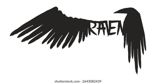 Stylized raven silhouette with wing forming the word “RAVEN” in creative black typography. Vector illustration.