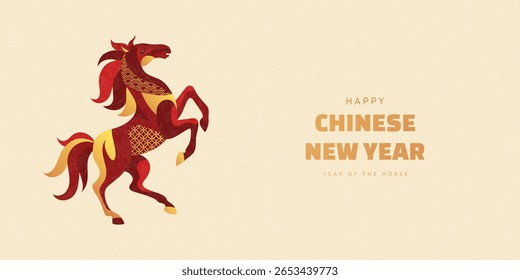 Stylized rearing horse with decorative traditional patterns, symbol of the Chinese New Year 2026. Modern artistic design of a zodiac animal for a holiday greeting card on a textured beige background