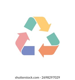 A stylized recycling symbol composed of three colorful arrows forming a continuous loop, representing environmental sustainability and resource conservation. Isolated on a white background.