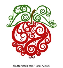 Stylized red apple with leaves and a doodle pattern on a white background. Decorative isolated element for design