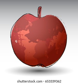 Stylized red apple vector illustration with grunge painted background texture and black outline. Logo suitable. 