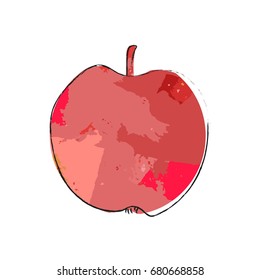 Stylized red apple vector illustration with grunge painted background texture and black outline. Organic fruit image suitable for logo, web icon. Healthy nutrition, vegan or vegetarian food