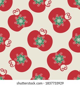 Stylized red apples seamless vector pattern background. Backdrop of elegant hand drawn orchard fruit in Jacobean style. Folk art Baroque design with modern twist. Historical all over print