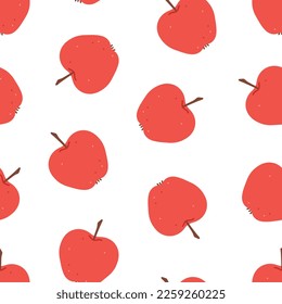 Stylized red apples seamless vector pattern. Cute hand drawn fruity texture. Kawaii summer illustration. Abstract background for wrapping paper, packaging, gift, fabric, wallpaper, textile, apparel.