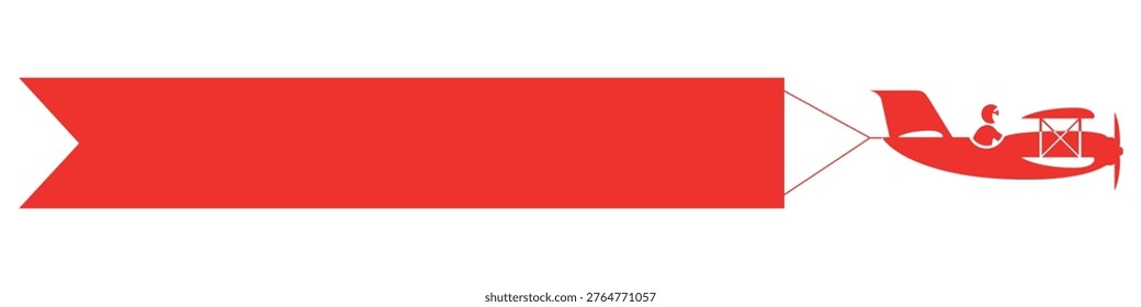 Stylized red banner in a pennant shape featuring a red biplane with visible pilot in the cockpit. Includes empty copy space for advertising or text. Clean vector design. Big red empty banner.