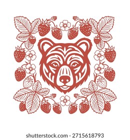 Stilisierte rote Bärenkopfgrafik, eingerahmt von wilden Erdbeeren und zarten Blättern in einem minimalistischen Linien-Kunststil, perfekt für die naturnahe Markenbildung, Tierschutzkampagnen oder