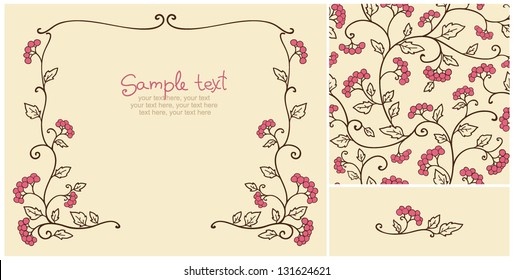 Stylized red berries (card, seamless patterrn). Good for party or wedding.