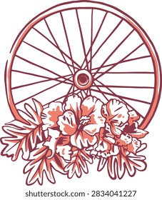 Stylized red bicycle wheel with delicate flowers