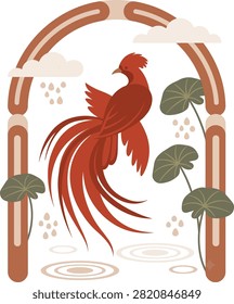 A stylized red bird with a long, flowing tail is depicted within an archway. Lotus leaves and rain drops add to the serene scene.