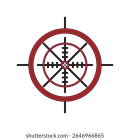 Alcance de objetivo circular estilizado rojo y negro con diseño de punto de mira detallado. Ideal para UI, juegos FPS, HUD militares o gráficos de interfaz de precisión.
