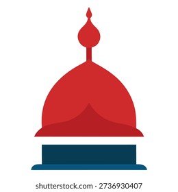 A stylized red and blue illustration of a mosque dome with an architectural finial. Represents Islamic architecture and places of worship.