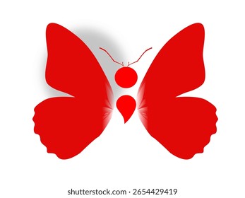 a stylized red butterfly against a light gray background. Its body is ingeniously formed by a red semicolon
