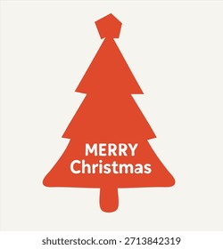 A stylized red Christmas tree is centered on a light orange background. The message Merry Christmas is written in white on the lower part of the tree.