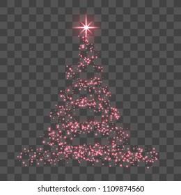 Stylized red Christmas tree as symbol of Happy New Year holiday or Merry Christmas celebration. Bright Christmas tree star. Design for card. Black transparent background Vector illustration