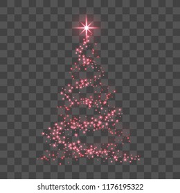 Stylized red Christmas tree as symbol of Happy New Year holiday or Merry Christmas celebration. Bright Christmas tree star. Design for card. Black transparent background Vector illustration