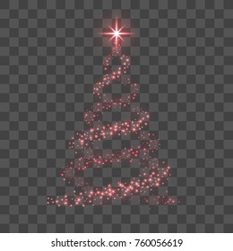 Stylized red Christmas tree as symbol of Happy New Year holiday or Merry Christmas celebration. Bright Christmas tree star. Design for card. Black transparent background Vector illustration