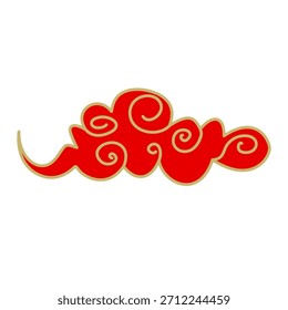 Stylized red cloud with golden outline, ornate swirls, and a whimsical, Asian-inspired design. Isolated on white, perfect for graphic elements, patterns, or cultural themes.