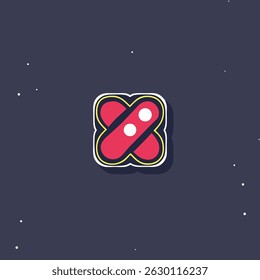Stylized red cloverleaf shape with white dots and yellow outline on a dark blue speckled background
