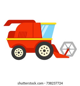 Stylized red combine harvester, flat style color icon. Isolated cartoon vector illustration.